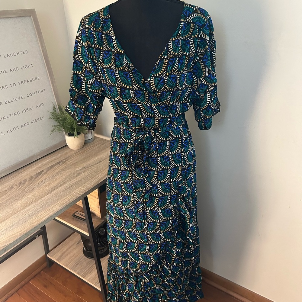 Elegant Silk & Salt Blue and Green Patterned Dress
